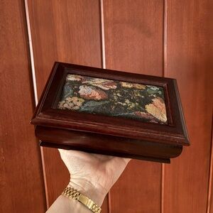 Vintage Wooden Jewelry Box with Floral tapestry inlay